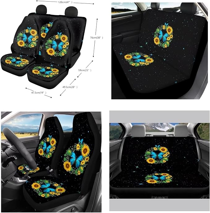 Suobstales 11 Pieces Car Accessories Set Sunflower Butterfly Seat Cover for Car, Universal Steering Wheel Cover +Seat Belt Pads+Cup Holder Coasters+Auto Keychains for Women Girly