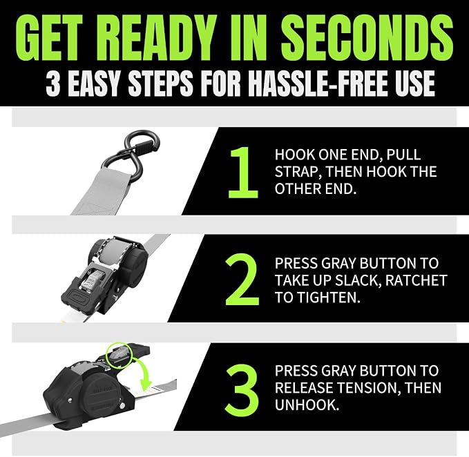 Retractable Ratchet Straps, 4-Pack, 1 Inch x 12 Feet Heavy Duty Tie Downs, 1760lb Break Strength, Self Retracting for Truck, Cargo, Trailer, Motorcycle, ATV, UTV (Grey, 4pack)