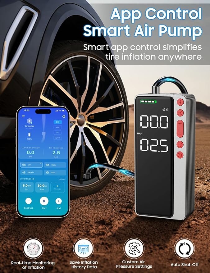 MATULSA Tire Inflator Portable Air Compressor, Silver Smart Air Pump for Car Tires, All-in-One Storage Bike Tire Pump with LED Light, 10000mAh&150PSI Pump for Motor, Bicycle and More, Auto Shut-Off