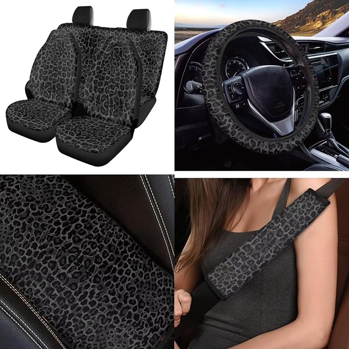 Black Leopard Print 12Pcs Car Seat Covers Full Set Car Seat Belt Cover Steering Wheel Cover Armrest Cushion Cup Coasters and Keychain Holder Suitable for Most Cars,SUV