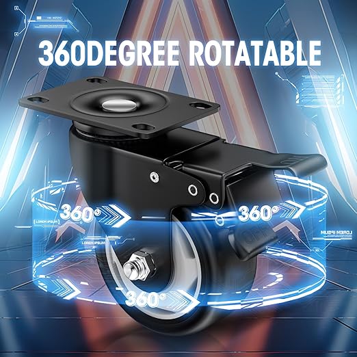 3" Heavy Duty Plate Casters, 1000 Lbs Dual Brake - Set of 24 | Black 1000 Lbs per 4 casters. 360° Swivel. Dual lock. PU won't mark floors. For workbench, furniture, cart.