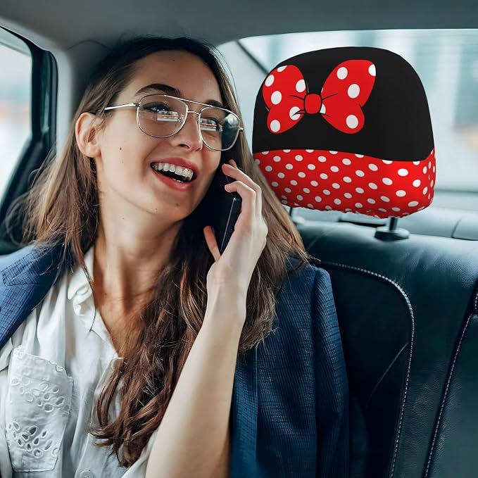 Cute Black Polka Dot Red Bow Car Seat Headrest Cover and Steering Wheel Cover Car Coaster Set