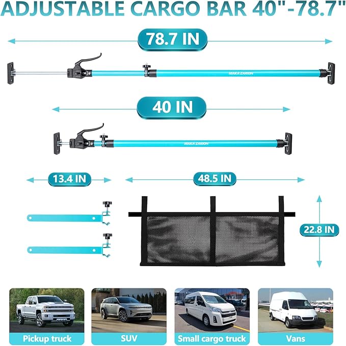 Adjustable Cargo Bar, Truck Bed Divider from 40 to 78.7 in with 200LB Bearing Capacity, Cargo Bar for Pickup, Truck Bed Organizer Cargo Bars for SUV, Trailer, Van, Come with 2 Divider, 1 Cargo Net