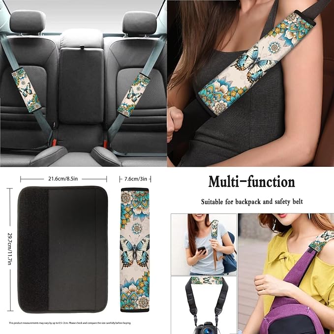 Boho Mandala Butterfly Pattern Car Accessories Set of 13, Front and Rear Seat Covers Full Set, Soft Steering Wheel Cover, Safe Belt Covers, Coasters, Wear Resisting Interior Covers