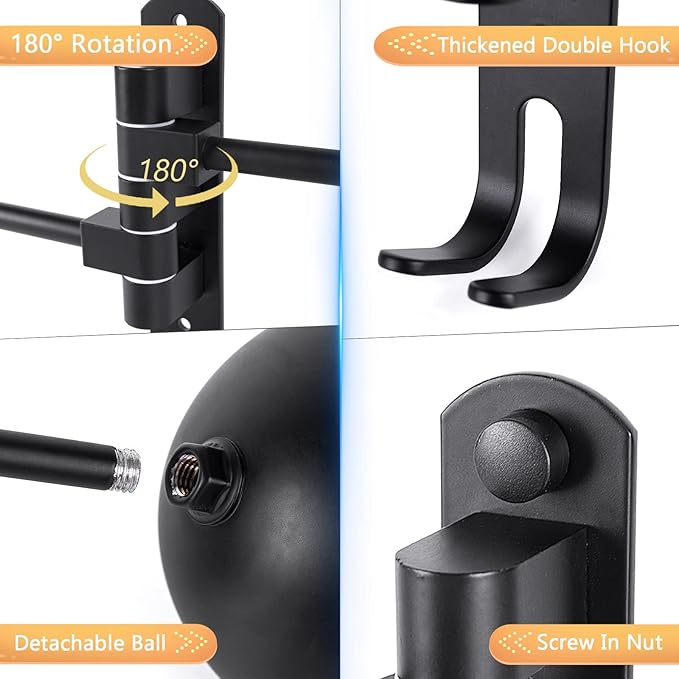 Kikerike Motorcycle Helmet Rack Wall Mount 180 Degree Rotation Metal Bike Helmet Holder Mount Bicycle Helmet Display Hanger Stand with 2 Hooks for Motorcycle Bike Baseball Rugby Helmet - Black, 1 Pcs