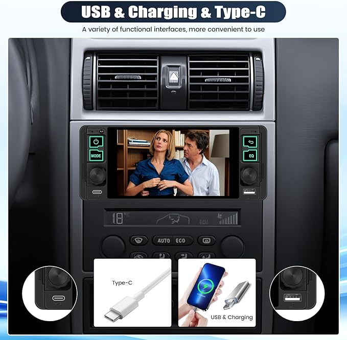 Single Din Touchscreen Car Stereo with Wireless Carplay&Android Auto,5.1 Inch Car Radio MP5 Player with Bluetooth FM Radio EQ Car Audio with USB/Type-C SWC+Backup Camera