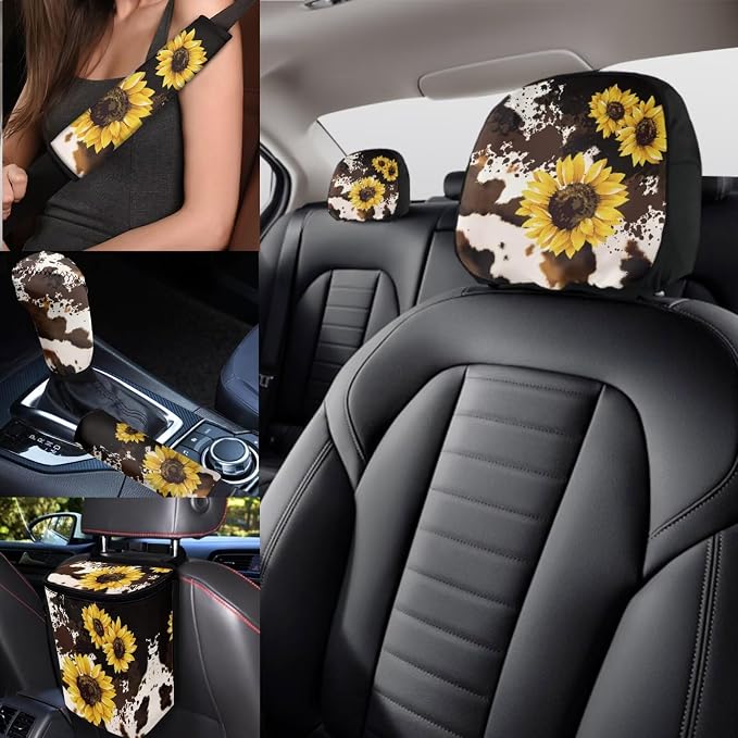 Sunflower Car Seat Covers Full Sets of 17 Pack,Brown Cow Print Car Accessories Sets for Women with Auto Head Rest Covers,Steering Wheel Auto Covers,Hanging Trash Bag,Universal Fit Most Auto