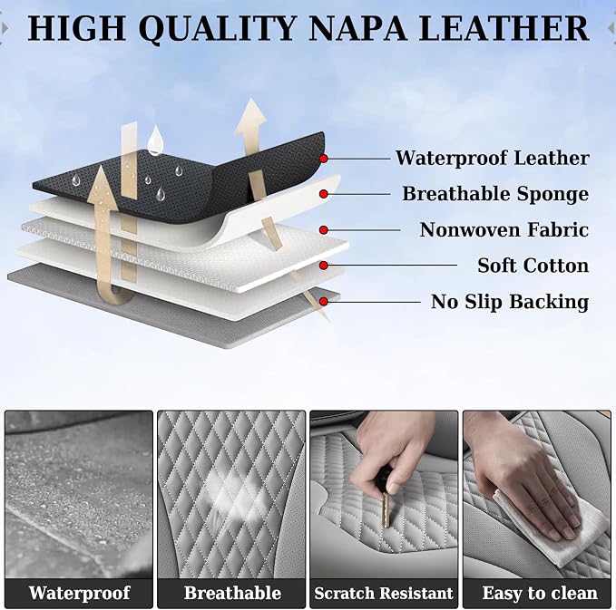 Coverado Waterproof Nappa Leather Car Seat Covers, Automotive Seat Covers Fullset, 5 Seat Car Seat Cushion & Car Seat Protector, Gray Front and Rear Covers Universal Fit for Most Cars, SUVs, Trucks