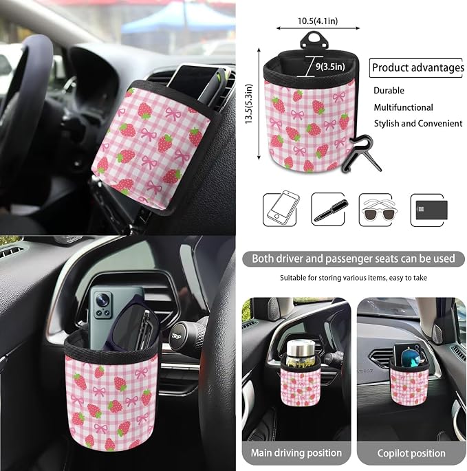 Strawberry Bowknot Print 18Pcs Automotive Seat Covers & Accessories Full Set High Back Bucket Seat Covers for Car Front and Back Seats with Steering Wheel Cover Safety Belt Pads etc