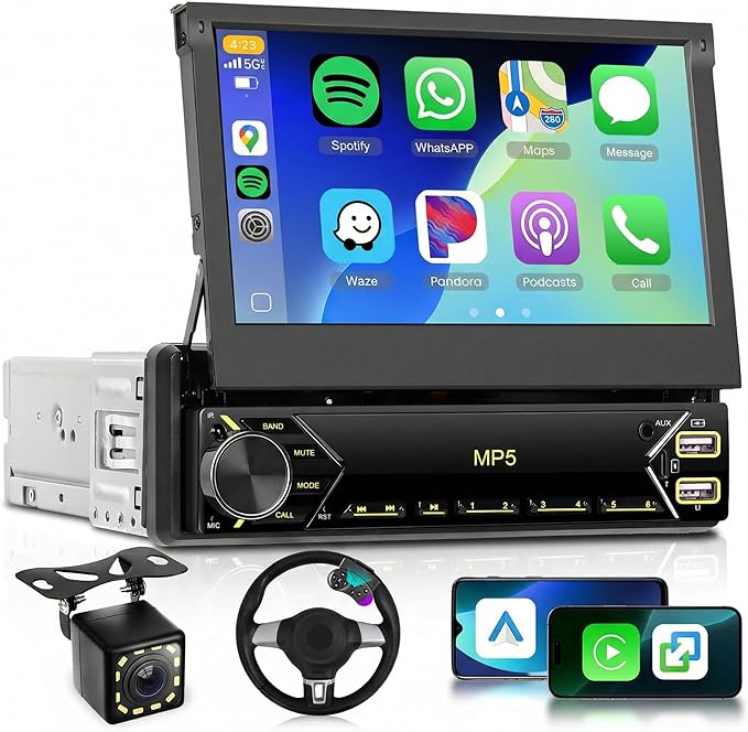 Single Din Flip Out Radio with Wireless/Wired Carplay Android Auto,Sellrich 7" IPS Touchscreen Stereo Single Din Flip Out Radio with YouTube BT Mirror Link FM USB/AUX/Type-C Ports SWC Backup Camera