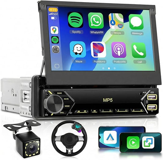 Single Din Flip Out Radio with Wireless/Wired Carplay Android Auto,Sellrich 7" IPS Touchscreen Stereo Single Din Flip Out Radio with YouTube BT Mirror Link FM USB/AUX/Type-C Ports SWC Backup Camera
