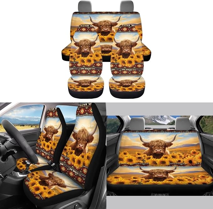 Highland Cow Car Seat Covers Full Set of 11 Aztec Sunflower Car Accessories with Steering Wheel Cover/Seatbelt Pad/Coasters/Shift Knob Handbrake Cover, Universal Front Rear Seat Cushion Cover