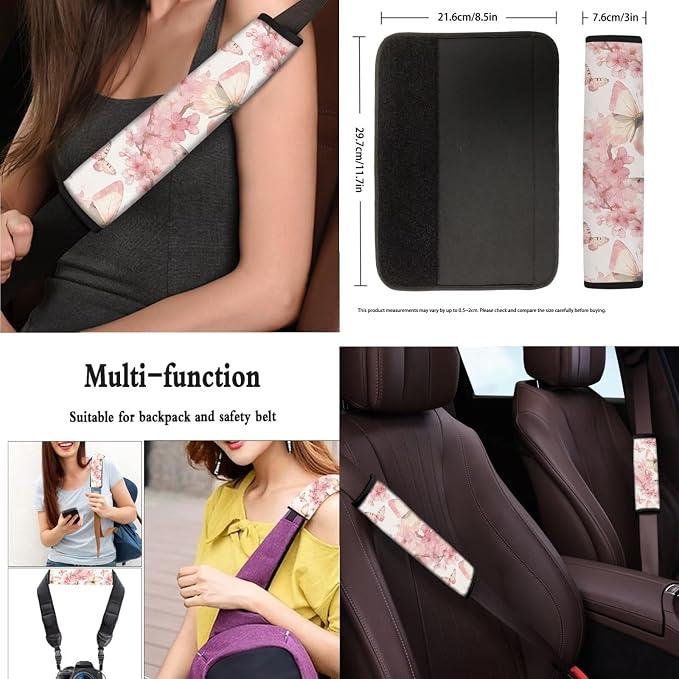 Full Set 10 Pcs Peach Blossom Butterfly Car Seat Covers, Spring Peach Blossoms Automotive Rear Front Seat Protector, Butterflies Aesthetic Steering Wheel Cover