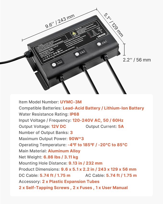 VEVOR Marine Battery Charger, 3-Bank, 5A × 3, 12V Onboard Boat Charger, IP68 Waterproof Smart On-Board Battery Charger for Lithium-Ion LiFePO4, NCM, Lead-Acid Batteries, Large Boat, Yacht, RV, Trailer