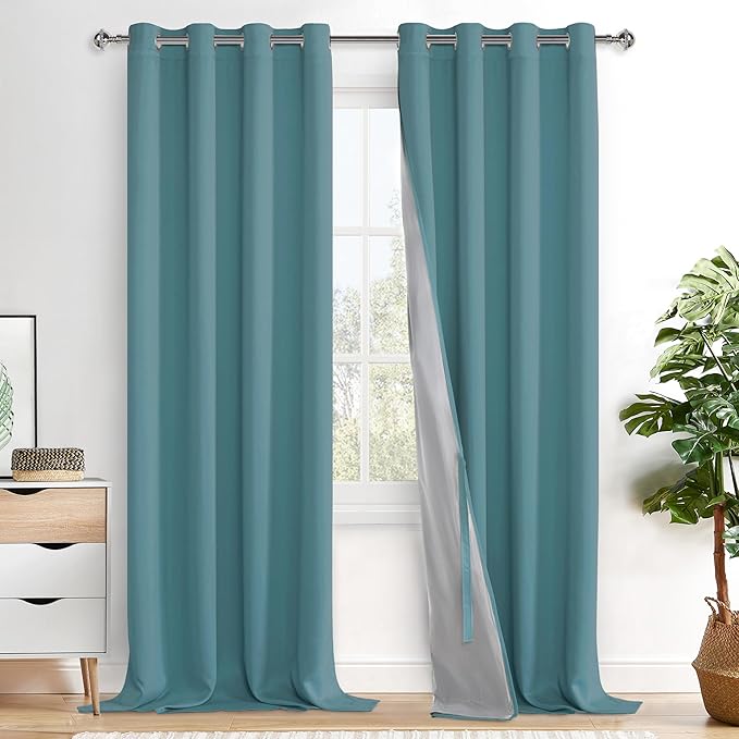 XWZO 100% Blackout Curtains - Thermal Insulated Black Liner Curtains, Noise Reducing and Heat Blocking Drapes for Hall and Studio Windows with Tiebacks, Stone Blue, W52 x L108, Set of 2