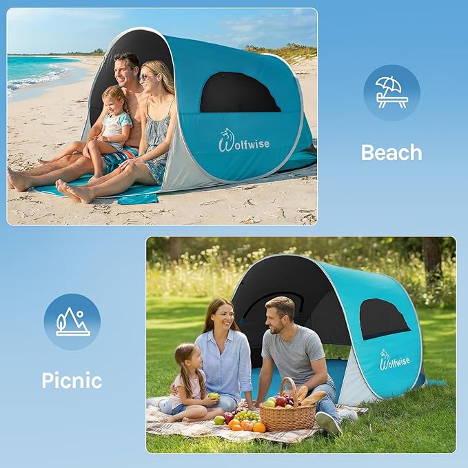 Wolfwise Pop up Beach Tent Sun Shelter with UPF50+ UV Protection, Instant Easy Setup Popup Beach Shade Canopy for 3 Person, Portable & Foldable with Carring Bag, 87 ×57×47 in, Black Coating