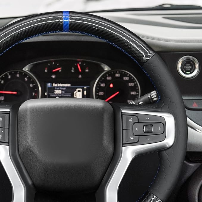 MEWANT Steering Wheel Cover for Chevy Silverado 1500 2019-2024/2500 3500 2020-2024/Blazer 2019-2024/Suburban Tahoe 2021-2024 Carbon Fiber Hand-Stitched Steering Wheel Wrap