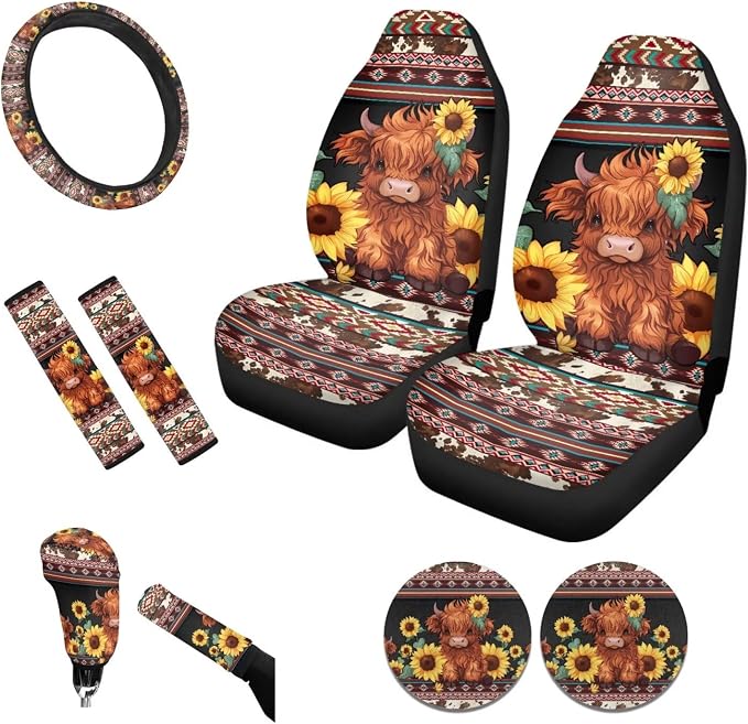 Tupalatus Boho Highland Cow 9 Pcs Car Seat Covers Front Set for Women Breathable Steering Wheel Cover Seat Belt Pads Cover Coasters Gear Shift Hoodie Handbrake Cover Car Accessories
