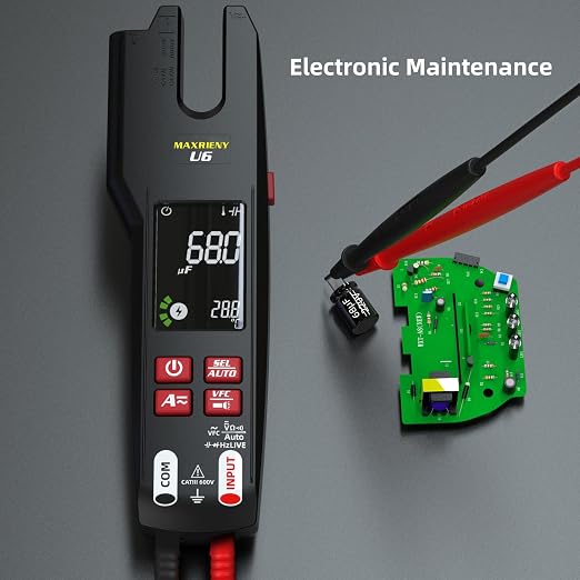 Open Jaw Clamp Meter 600A DC AC Current Smart Digital Electrical Multimeter Tester, Infrared Thermometer with Rechargeable Battery, Measures VFC Capacitance Diode Amp Continuity Voltage Ohm