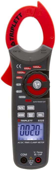 Triplett 9325 True RMS 6000 Count Clamp-On Digital AC/DC Meter - Current, Voltage, Resistance, Frequency, Capacitance, Temperature, Continuity, Diode Check, and Duty Cycle