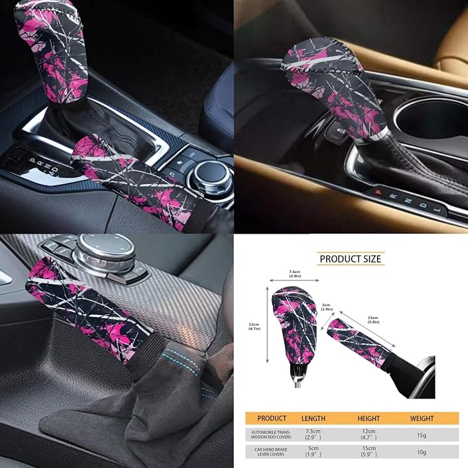 KEIAHUAN Pink Muddy Camo Branch Car Accessories Include Car Seat Cover Headrest Cushion Pads/Cup Coasters/Gear Shift Cover Handbrake Cover/Steering Wheel Cover Full Set of 11 for Women