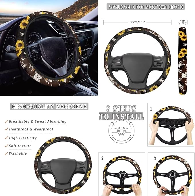Howilath Cows Sunflowers Print Car Seat Cushion Cover with Steering Wheel Protector/Seat Belt Shoulder Pads/Keychains/Coasters Universal Fit Interior Accessories Fit Most Vehicle - 13 Piece