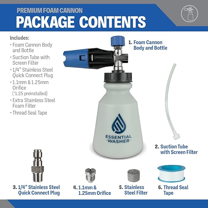 Essential Washer Premium Foam Cannon Pressure Washer | 90 Degree Adjustable Spray Nozzle Car Foam Sprayer | Stainless Steel QC Plug