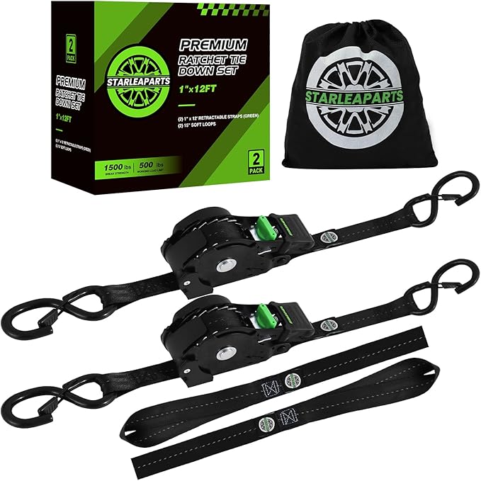 STARLEAPARTS Retractable Ratchet Straps(2PK) - 1,500lb Break Strength, Ratchet Straps Heavy Duty with Soft Loop Tie Downs, Perfect Auto Ratchet Strap for Motorcycle, Kayak and Trucks (Black)
