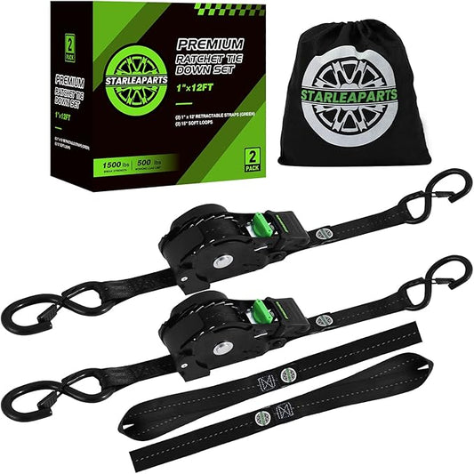 STARLEAPARTS Retractable Ratchet Straps(2PK) - 1,500lb Break Strength, Ratchet Straps Heavy Duty with Soft Loop Tie Downs, Perfect Auto Ratchet Strap for Motorcycle, Kayak and Trucks (Black)