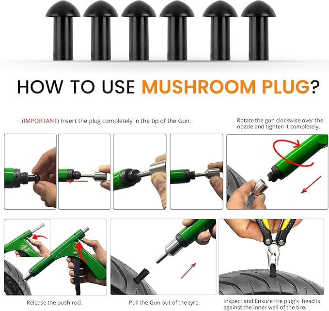GRAND PITSTOP Tubeless Tire Gun Puncture Repair Kit with Mushroom Plug for Tyre Punctures and Flats on Cars, Motorcycles, ATV, Trucks & Tractors (Gun Puncture Kit 30 Plugs)