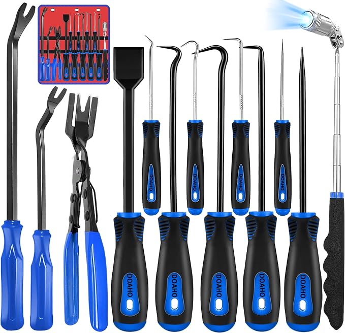 Doaho 13 Pcs Automotive Pick Set and Hook Tool Kit with Auto Gasket Scraper Clip Removal Plier Rivets Puller Telescoping Magnetic Pickup Gasket Scraper for Automotive Repair