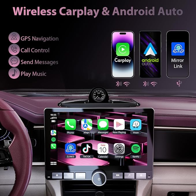 Haudio 10.1" 360° Rotatable Touchscreen Car Stereo with Wireless CarPlay & Android Auto, Features GPS Navigation, DSP Hi-Fi Sound, Voice Control, Backup Camera,1080P Support & APK Management