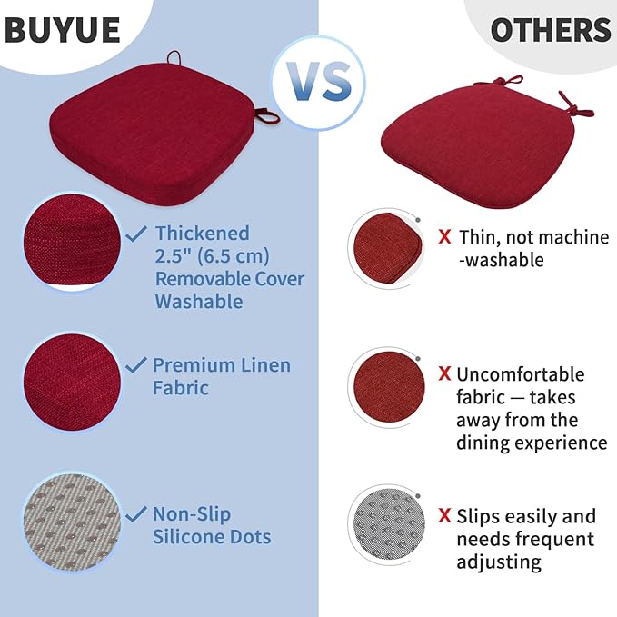 BUYUE Thickened 2.5" Dining Chair Cushions Set of 6, U-Shape High Density Foam Comfortable Chair Pads for Kitchen, Slip Resistant Indoor Seat Cushions (6 PCS, Red)