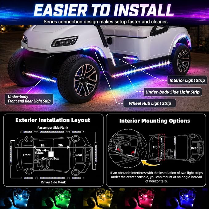 Roykaw Golf Cart Underglow LED Strip Lights Accent Neon Lighting Kit w/Wheel Well & Interior Lights for EZGO Yamaha Club Car, Million Colors/Waterproof IP68/Sync to Music, Fits 12V - 80V, 12 PCS