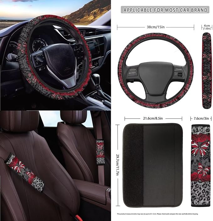 15Pcs Car Seat Cover Sets Full Set Butterfly Rose Leopard Print Front and Rear Car Seat Covers with Steering Wheel Cover Safety Belt Pads Garbage Bag etc, Easy to Install
