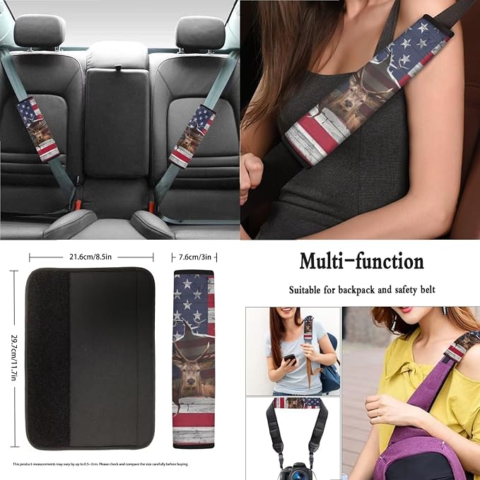 3D Deer American Flag Print Car Accessories Set of 13, 4 PCS Car Front and Rear Seat Covers, 1 Steering Wheel Cover, 4 PCS Soft Seat Belt Shoulder Pad and 4 PCS Cup Coasters Fit for SUV Van