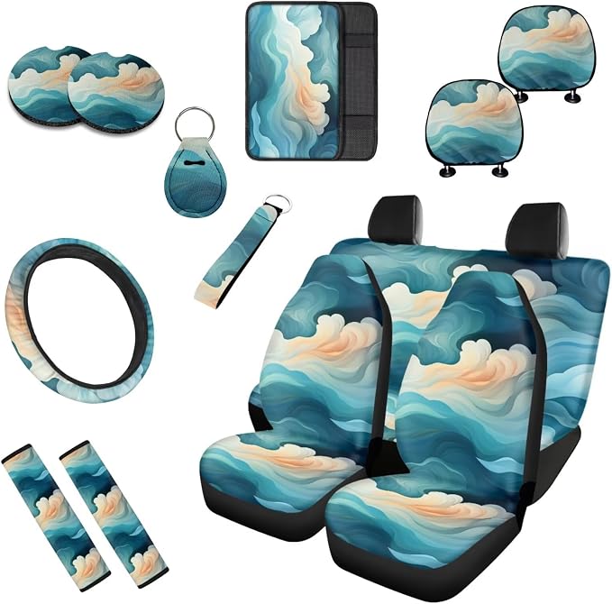 Green Cloud 13 Piece Car Seat Cover Set Watercolor Green Cloud Pattern Full Set Belt Shoulder Car Seat Protectors Yellow Gradient Sky Fluid Coaster Pads Decor Accessory