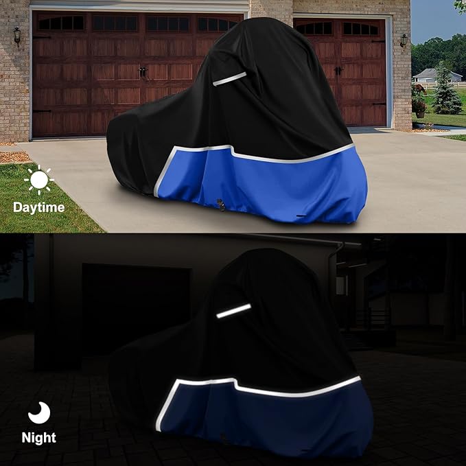 Waterproof Motorcycle Cover Compatible with Harley Davidson Electra Glide/Road King/Street Glide/CVO Road Touring Without Trunk Models, 420D Oxford Cloth Cover for Snow Rain Dust Protection