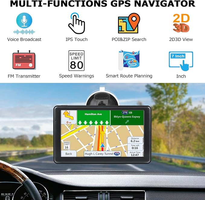 7''GPS Navigator for Truck Car with 2026 Maps Free Lifetime Updates, GPS Truck Drivers Commercial Trucker Navigation Systems with Voice Assist, Speed Limit Warnings, Custom Routing, Driver Alerts