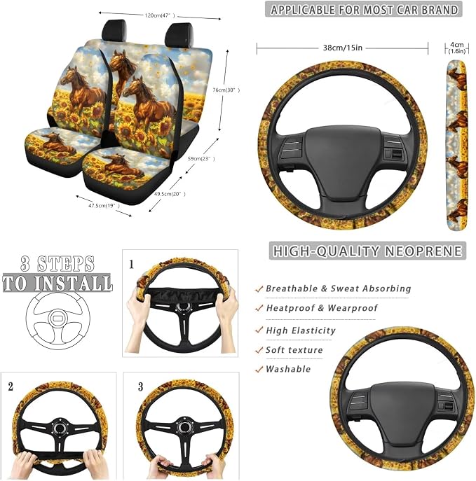Suobstales Horse Sunflower Print 13 Pack Car Seat Covers Set Seat Cover Protector with Steering Wheel Cover + Seat Belt Covers + Car Trash Can + Rearview Mirror Cover + Coasters + Keychains