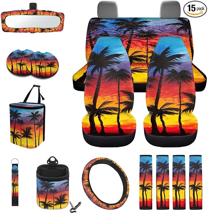 Tropical Palm Tree Print 15 Pack Car Seat Cover Set with Steering Wheel Covers Seatbelt Strap Pad Garbage Cans Rear View Mirror Cover Coasters Key Chain Universal Fit