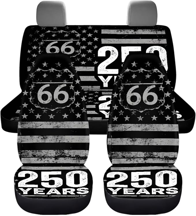 Route 66 250 Years American Flag Car Seat Cover Set 11 Piece with Seatbelt Pad Cover and Steering Wheel Covers, Black Patriotic Auto Decor for 250th Anniversary Celebration