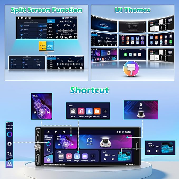 [2+32G] Single Din Touchscreen Radio Wireless Apple Car Play Wireless Android Auto, 6.9 in Single Din Car Stereo with Mirror Link Bluetooth 5.0 FM RDS GPS Navigation 32EQ SWC + Backup Camera