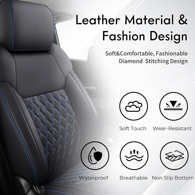 Huidasource Custom Fit Tundra Car Seat Covers Full Set, Waterproof Front&Rear Seat Cushion Fit for 2014-2021 Toyota Tundra CrewMax Pickup Truck (Full Set/Black&Blue)