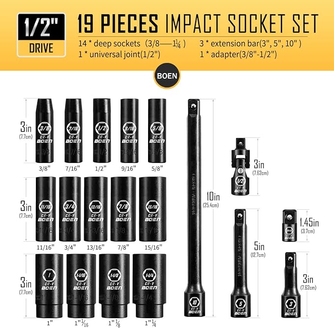 BOEN 19-Piece 1/2" Drive Deep Impact SAE Socket Set, 3/8"-1-1/4", Cr-V Steel, Extensions, Joint, Adapter - Meets ANSI