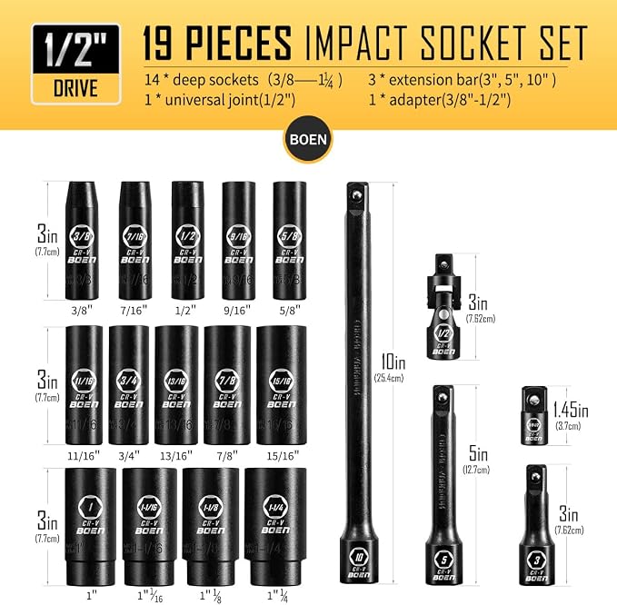 boen 29PCS 1/2" Metric Socket Set(8mm-32mm) + 19PCS 1/2" SAE Socket Set(3/8"-1-1/4")