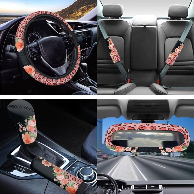 Pink Flower and Leopard Car Seat Cover Full Sets Leopard Car Accessory Cute Floral Auto Steering Wheel Covers Car Rear View Mirror Covers Wristlet Keychains Leopard Coaster Car Protectors Set
