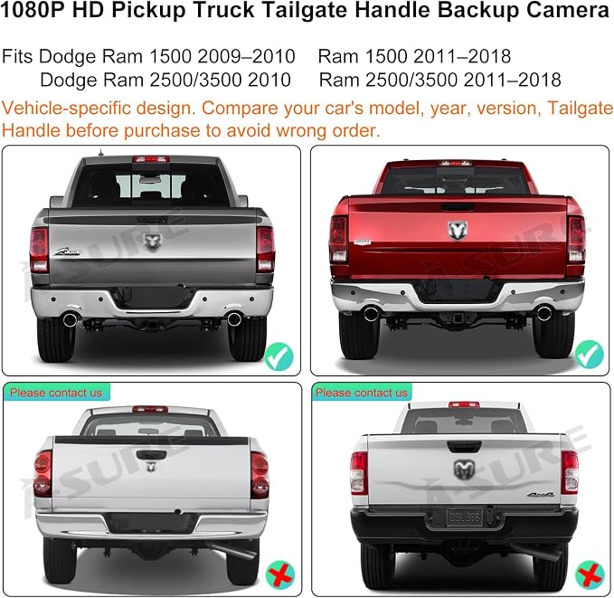 ASURE Tailgate Handle Backup Camera for 2009–2018 Dodge Ram 1500 2500 3500-1080P HD Rear View Camera, 170° Wide Angle Reverse Camera, Starlight Night Vision, OEM Replacement Truck Backup Camera
