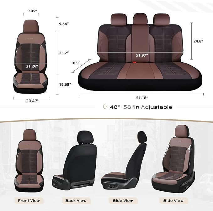 Coverado Leather and Air Mesh Seat Cover, Car Seat Cover Full Set, 3D Breathable Seat Protectors Sports Carbon Fiber Design Airbag Compatible Comfort Universal for Most Cars, Van,Trucks, SUV, Brown