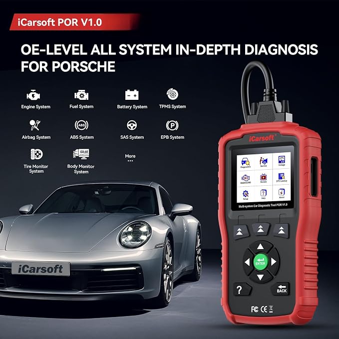 iCarsoft POR V1.0 for All System Diagnostic Tool Porsche 1996-2025 Oil/SAS Reset Battery Test 10 OBD2/EOBD Modes CAN FD Car Scan Code Reader/DTC/Live Data/Freeze Frame Lifetime Free Update Scanner
